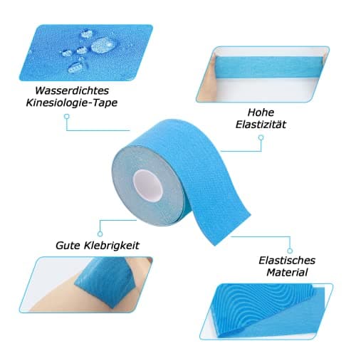 CareHabi - Bande de kinésiologie de sport pour les muscles, 5 m x 5 cm, 3 rouleaux (1 x bleu, 1 x rose, 1 x noir), bande de kinésiologie étanche & élastique pour le sport