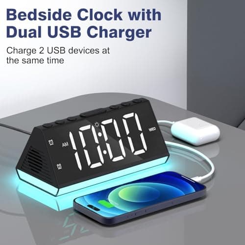 Réveil Numérique avec Double Alarme, Réveil Lumineux avec 8 Lumières à Intensité Variable, Écran Affichage Dimmable, Horloge Numérique avec Snooze, 2 Ports USB pour Ado/Enfant,Cadeau Fête,Anniversaire