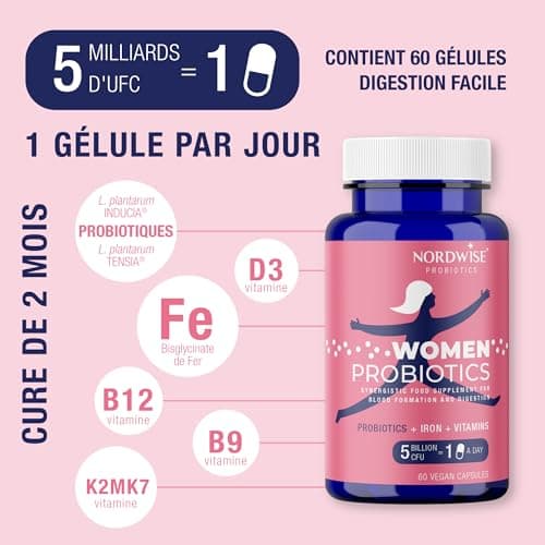 Probiotiques pour femmes de Nordwise - Améliorez votre santé intestinale I Formule végétalienne pure I Efficace 5 milliards d'UFC I 60 capsules I Approvisionnement de 2 mois