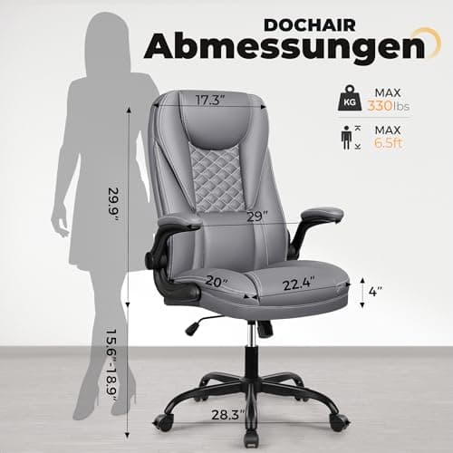 DoChair Chaise Bureau en Cuir Ergonomique Fonction d'oscillation 135°Chaise Pivotante Réglable en Hauteur avec Appui-tête Accoudoirs Réglables, Gris