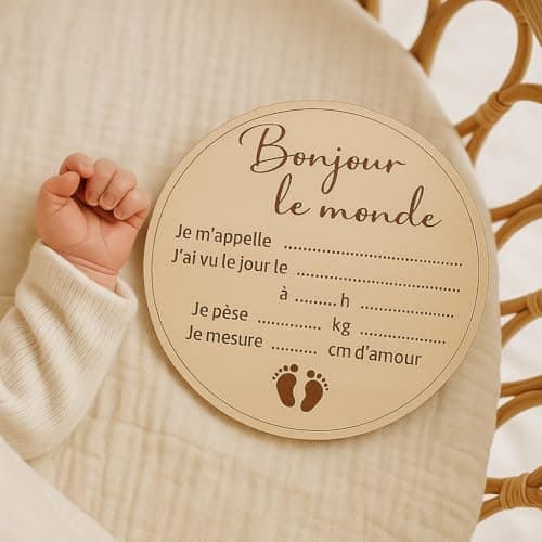 Carte bienvenue annonce naissance et prénom bébé en bois en francais - Disque prénom bébé, date, heure, poids et taille - Accessoire pancarte photo nouveau-né, souvenir maternité