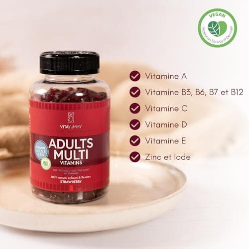 Gommes vitaminées Multivitaminés VitaYummy au Goût Fraise pour Adultes - Oursons Gélifiés Végétaliens en Supplément Alimentaire -Vitamine A,C,D,B12 et Zinc, Soutient le Système Immunitaire, 60 bonbons