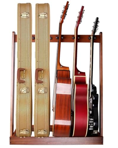 Support de guitare pour plusieurs guitares, support de guitare en bois, avec fente pour médiator, pour 5 guitares acoustiques, 5 guitares électriques ou 5 basses, ou 4 boîtes de guitares - Pour la