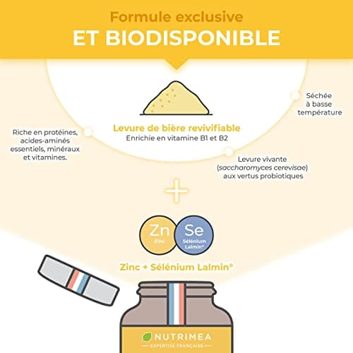 LEVURE Active DE BIERE REVIVIFIABLE - Complément Alimentaire Cheveux, Ongles & Peau - Enrichie en Zinc & Sélénium - Facilite le Transit - 90 Gélules Vegan - Nutrimea - Fabriqué en France