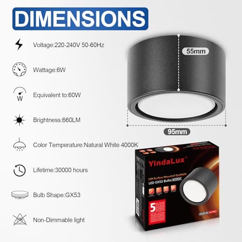 YindaLux Lot de 4 LED Spot en Saillie Noir 220-240V Ø95x55mm Plafonnier Incluse ampoule GX53 6W Blanc neutre 4000K 660LM Plafonnier Spot LED Luminaire Apparent avec spot à grande surface lumineuse