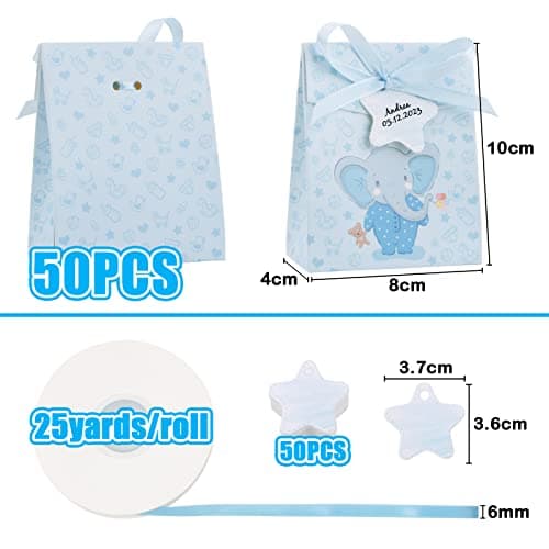 50Pcs Eléphant Sachets Anniversaire Douche Bébé Boîte à Dragées Bonbons Baptême Pochettes Cadeau Bonbonnière Bleu avec Etiquettes à Cordes pour Enfant Fête Communion Baby Shower Mariage