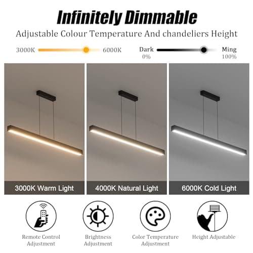 Klighten Led Lampe à suspension Table à Manger, Moderne Luminaire Suspensio, Dimmable 3000K-6000K Avec Télécommande, Plafonniers Linéaire Hauteur 150Cm Réglable, Pour Cuisine Salon, 100/36W, Noir