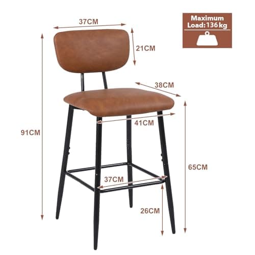 Nusetx Tabouret de Bar Lot de 2 Chaise de Bar avec Dossier et Repose-Pieds, Tabourets Haute pour Cuisine Salle à Manger Bistro, Chaise 65 cm de Haut, Brun