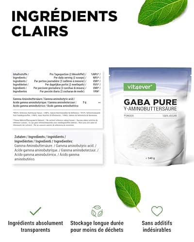 Gaba Pure - 540 g de poudre pure sans additifs - 100% acide gamma-aminobutyrique - 180 portions - Vegan - Avec dosage
