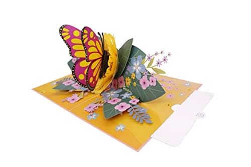 MOKIO® Carte Fleur Pop-Up – Papillon avec fleurs – Carte cadeau 3D pour un anniversaire, retraite ou comme bon, Carte de vœux fleurs avec enveloppe
