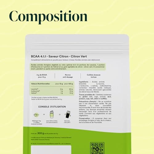 NOVOMA BCAA 4.1.1, Acides Aminés pour la Récupération Musculaire, 6g de BCAA en Poudre par Portion, Saveur Citron - Citron Vert, 30 Portions, Sachet 300g, Fabriqué en France