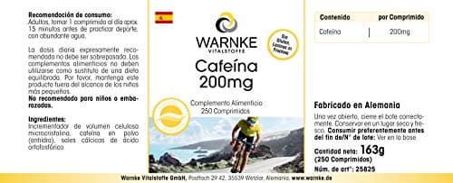 Caféine Comprimés 200mg - Haute Dose - Vegan - 250 Pièces | Warnke Vitalstoffe - Qualité des pharmacies allemandes