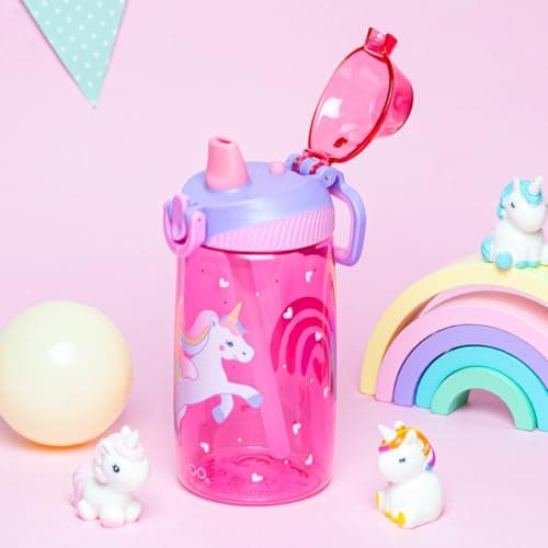bzyoo Bouteille d'eau pour enfants 473,6 g – Étanche et facile à ouvrir ! Rose avec motifs de licorne mignons. Dispose d'une poignée et d'une fermeture sécurisée. Comprend une paille pratique pour une