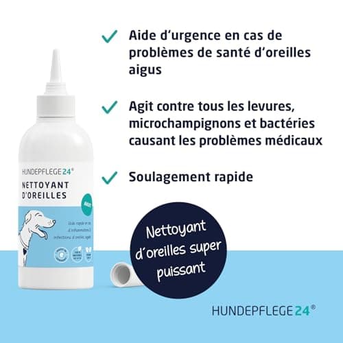Hundepflege24 Nettoyant Oreille Chien Intense - Super Puissant en Cas d'inflammations & infections - Gouttes d'oreilles Naturelles pour Chiens avec du piroctone olamine, de la Camomille & l'aloe Vera