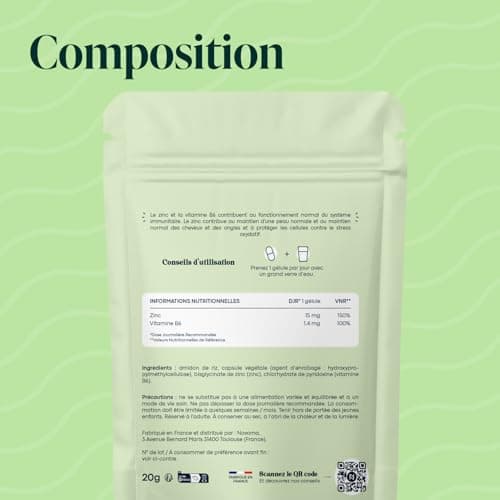 Zinc Bisglycinate + Vitamine B6, Renforce l'Immunité & Combat l’Acné, Assimilation Optimale, Cure de 2 mois, 60 Gélules Végétales, Complément Alimentaire Fabriqué en France,Essentials by Novoma