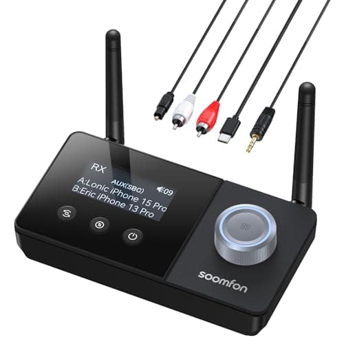 SOOMFON Emetteur Recepteur Bluetooth 5.3, 3 en 1 Adaptateur Bluetooth TV, Transmetteur Audio Bluetooth Double Connexion Longue Portée 30 m, Emetteur Bluetooth pour TV/Casques/Systèmes Audio etc