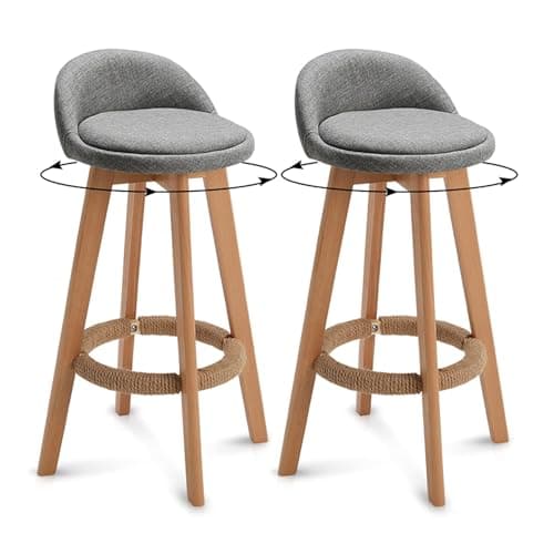 Lot de 2 Tabourets de Bar Gris, Chaises de Bar de Comptoir de Cuisine avec Siège en Tissu Rembourré, Pieds en Bois Massif, Tabourets de Bar Rotatifs à 360° Chaises Hauts de Salle à Manger (63cm)