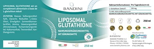Bandini® Glutathion Liposomal 250 ml - Forme Active L Glutathion Réductase (GSH) Liquide - Puissant Antioxydant & Anti-âge - Protection Cellulaire Optimale - 100% Vegan Sans OGM - Avec Bouchon Doseur