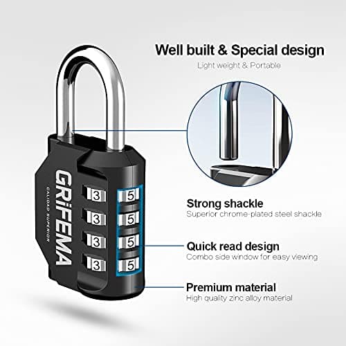 GRIFEMA GA1001-1, Cadenas Code 4 Chiffres - Cadenas de Sécurité Résistant Aux Intempéries, Cadenas à Combinaison pour Casier, Valise, Garage, Portail, École, Alliage de Zinc, Noir