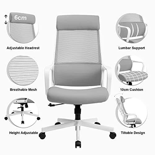 MELOKEA Chaise de Bureau Ergonomique, Fauteuil Bureau avec Support Lombaire Ergonomique et Appui-tête Réglable, Chaise en Maille Respirante, Siège Bureau Réglable en Hauteur, Conforme à en 1335, Gris