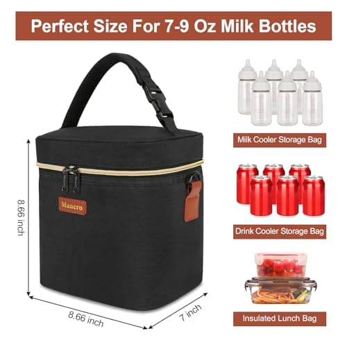 Mancro Sac Isotherme Bebe, Glacière Lait Maternel avec Poche Glacée, Sac Isotherme Biberon pour 6 Biberons, Bandoulière pour Boîte à Lunch pour Maman, Infirmière, Garderie, Noir