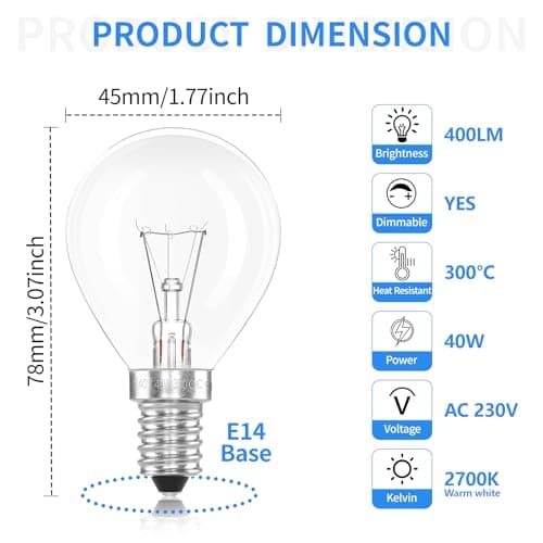 SCNNC Ampoule de Four E14 G45 220V Dimmable, Ampoule Four 300 Degré Résistante Lampe Four E14 400LM Blanc Chaud 2700K, 45MM Golf Ampoule E14 pour Four, Cuisinière, Micro-ondes, Lampe à Lave, Lot de 5
