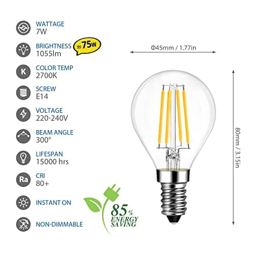 LVWIT Ampoules à Filament LED E14, 7W Equivalente à Ampoule halogène 75W, 1055Lm 2700K Blanc Chaud, Ampoule rétro vintage, Non-dimmable, Paquet de 6