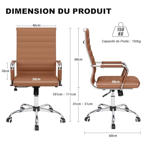 UEV Chaise de Bureau Ergonomique Kolumbus Cuir PU, Moderne avec roulettes et Accoudoirs, Hauteur Réglable, Pivotant Universel, Capacité de Poids jusqu'à 150kg, Brun