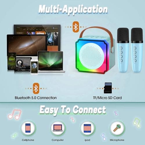 Joycome Karaoke Enfant avec 2 Microphones, Micro Portables Karaoké sans File, Jouet de Karaoké Bluetooth avec Voix Change et LED Lumière pour 3-12 Enfant Fille Cadeau Chanter Adulte - Bleu