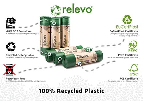 Relevo Sacs Poubelle Verts avec Liens Coulissants – 50L (Largeur 70 cm x Hauteur 75 cm), 60 Sacs (6 Rouleaux × 10 Sacs) | Sacs Poubelle Extra Résistants | 100% PEBD Recyclé | Certifié Blue Angel