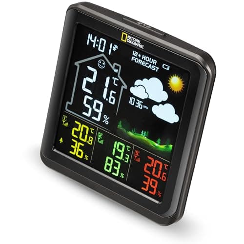 National Geographic Station Météo Couleur sans Fil avec Capteur Extérieur VA avec 4 Zones De Mesures pour Intérieur Ou Extérieur, Noir