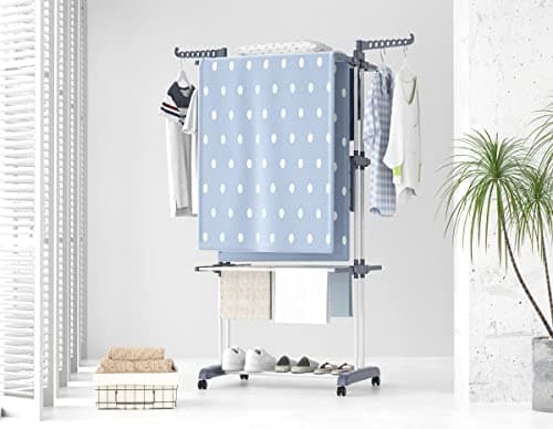 HOMIDEC Etendoir Linge, 4 Niveaux Grande Sechoir a Linge Pliable avec Roues, Acier Inoxydable Seche Linge Etendoir pour Intérieur et Extérieur, Gris