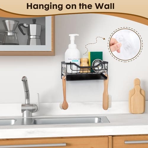 Sinnsally Organisateur Evier Cuisine,Porte Eponge Evier Cuisine avec Vidange Automatique,Rangement Eponge Evier Cuisine,Organisateur d'évier,Repose Eponge,Support Eponge évier en Acier Inoxydable,Noir