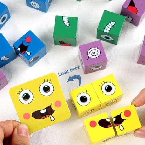 QHFlashbuy Jouet Montessori,Puzzle de Expression en Bois,Expressions en Bois Matching Block Puzzles,Cubes Face Change Cube Jeu,IQ Puzzle de Visage Jouet pour Enfant de Plus de 3 an