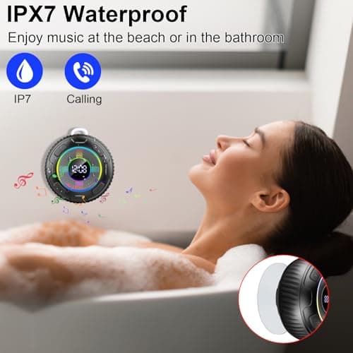 Enceinte Douche Bluetooth 5.3, Enceinte Bluetooth Etanche IP7, Haut-Parleur de Douche avec Appel Bluetooth, LED Lumière,Ventouse Puissante, 360° Stéréo Enceinte sans Fil, 10H Enceinte Portable, Noir