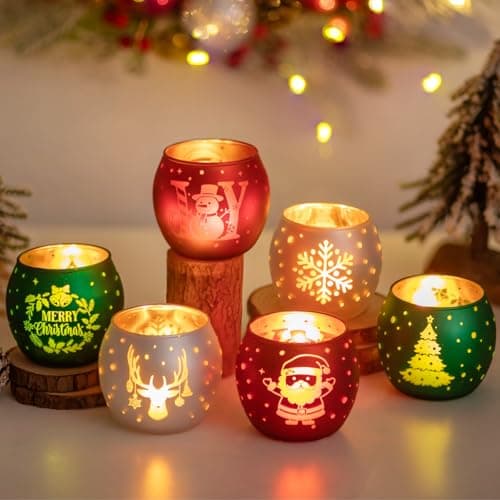 Glasseam Porte-Bougies De NoëL : Bougeoirs à Thé en Verre Lot De 6 Bougeoirs De NoëL Rouges Verts Blancs Bougeoirs à Bougie Votive GivréS pour La DéCoration De La Maison Et De La Table à NoëL Cadeaux