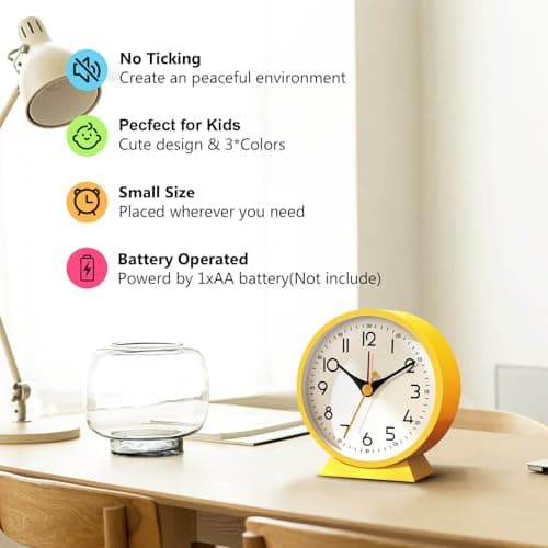 Azyh Réveil analogique sans tic-tac - Petite horloge de table rétro pour décoration de salon, chambre à coucher, table de chevet pour adultes, personnes âgées, enfants, voyage - Fonctionne avec piles