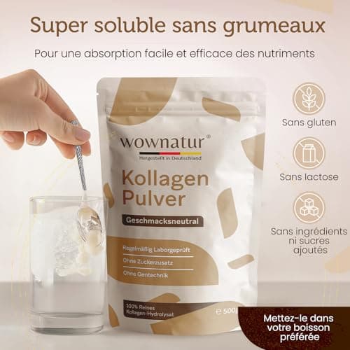 WOWNATUR® Collagen Poudre 500g Powder - Solubilité parfaite - Hydrolysat de collagène de première qualité - Petite taille des peptides de type 1, 2 et 3 - Goût et odeur neutres - L'original