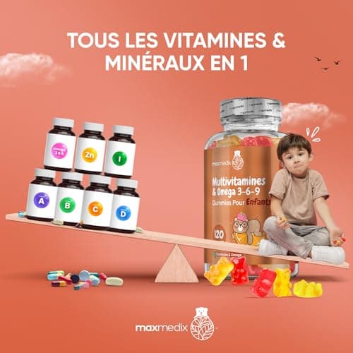 Multivitamines & Minéraux avec Oméga 3 6 9-120 Gummies Enfants Origine Naturelle (+ 3 Ans) - 17 Nutriments: Vitamine C, D, B12, B6, A & Zinc - Immunité, Croissance, Os - Goût Framboise & Orange