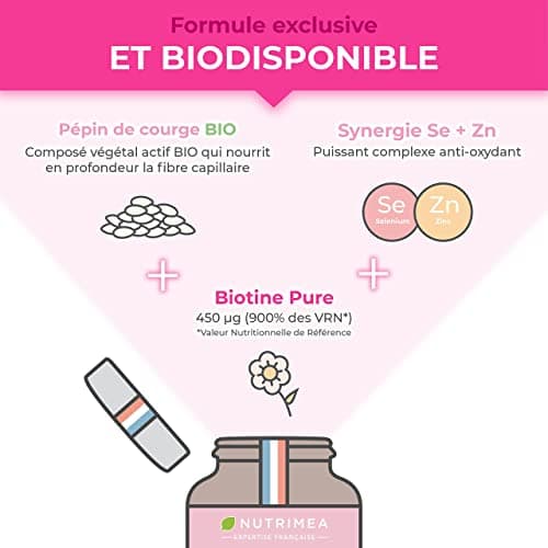 BIOTINE | Sans Excipient | Accélère la Pousse des Cheveux & Ongles | Avec Vitamine B8, Pépins de Courge, Zinc et Sélénium | 120 Gélules Vegan | Fabrication Française | Nutrimea