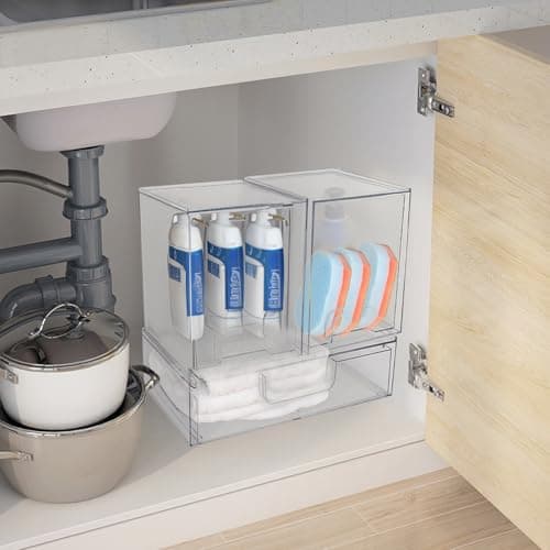 Grands tiroirs de rangement empilables en plastique transparent avec tiroir coulissant sous l'évier, garde-manger, salle de bain, cuisine et bureau.