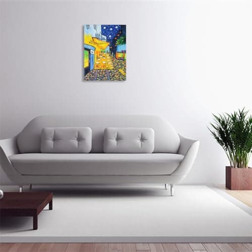 Fokenzary Peinture à la main Café Terrasse Reproduction de Vincent Van Gogh abstrait Tableau sur toile murale encadrée prête à accrocher, 12x16in