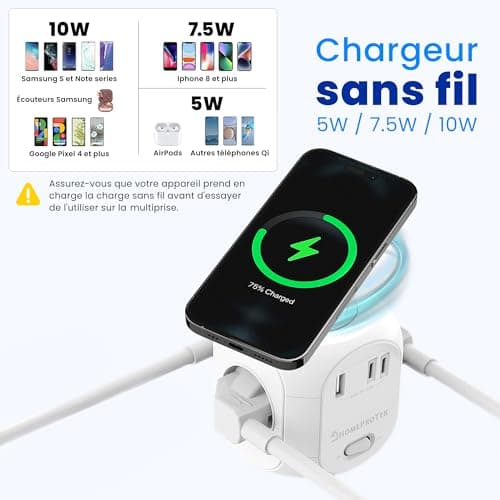HOMEPROTEK Multiprise Cube - Chargeur Sans fil, Rallonge Multiprise USB avec 3 Prises, 1 USB-A, 2 Type C et Bloc de Charge, Station de Charge Multiple avec Interrupteur pour Domicile et Bureau (Blanc)