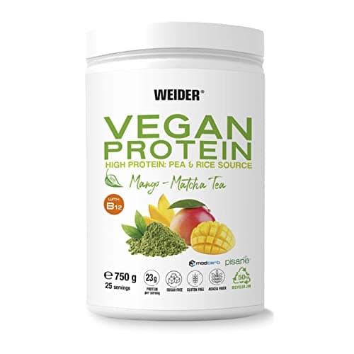 Weider Vegan Protein (750g) Goût Mangue-Matcha. Protéines 100% Vegetal 23g/dose, Pois (Isolat Pisane) & Riz. Avec Vitamine B12 & Stevia. Sans Gluten, Sans Sucre. Emballage 50% Recyclé, 100% Recyclable