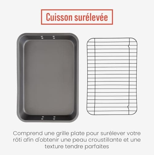 Chef Pomodoro – Grand Plat Four Antiadhésif avec Grille Four | Plaque Cuisson Four Rectangulaire avec Plateau, Plaque, Plat à Gratin, Lasagne – Acier Résistant – (41 x 29 cm)