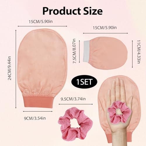 Lot de 2 gants exfoliants 3 en 1 en soie et 1 élastique pour cheveux en satin, gants exfoliants et gants 100 % soie pour enlever les peaux mortes