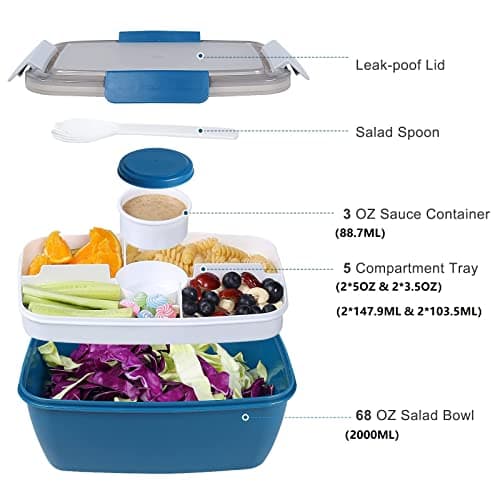 Greentainer To Go Récipient à salade avec bol à salade de 2L, grande boîte à déjeuner Bento avec couvercle, sans BPA, passe au micro-ondes et au lave-vaisselle