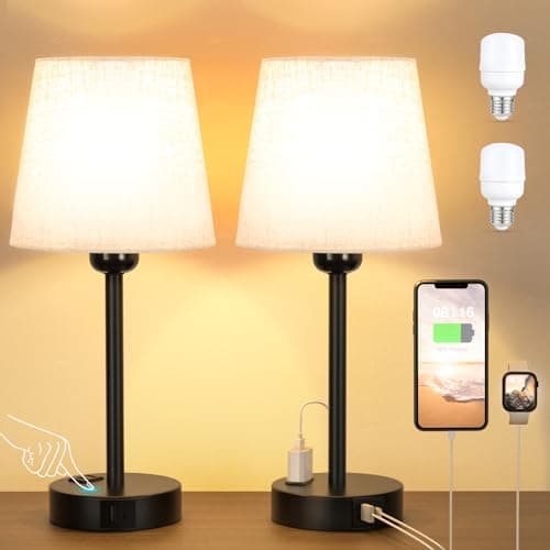 Kakanuo Lampe de Chevet Tactile avec Ports USB-A+C+Prise CA, Lampes de Table Lot de 2, Intensité Variable 3 Voies, Abat-jour en Lin, Lampes pour Chambre Salon D'enfant Bureau (Ampoules Incluse)
