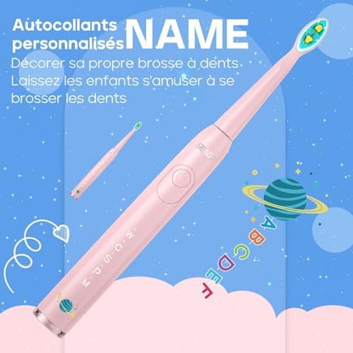 Seago brosse à dents électrique rechargeable pour enfants, brosse à dents électrique enfant avec autocollants DIY drôles, minuterie de 2 minutes, 4 têtes de brosse SG2303(rosa)