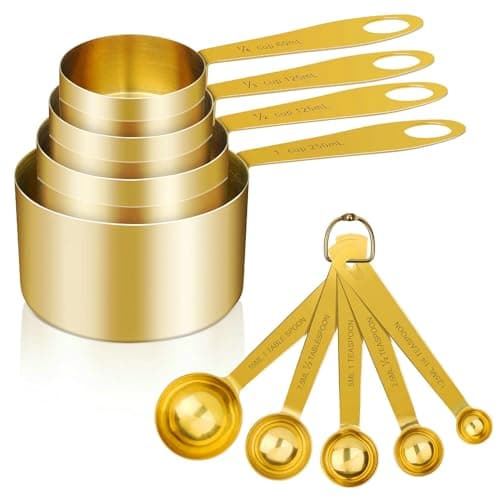Cuteefun Set de 9 Tasses et Cuillers à Mesurer, Manche en Acier Inoxydable avec Mesures Métriques et Américaines, Finition Polie Or, Cuillere Doseuse Sèche et Liquide pour Pâtisserie, Cuisine(Or)
